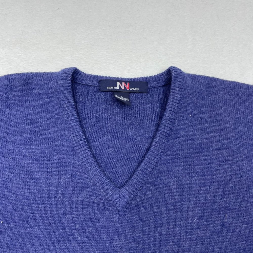 North Winds Mens Vintage 100% Lambs Wool V Neck Sweater Size L Blue Jumper - Picture 6 of 9